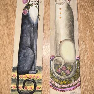 E. Smithson Cat Folk Art 3D Wall Plaques Resin Signed Whimsical Set of 2 box i